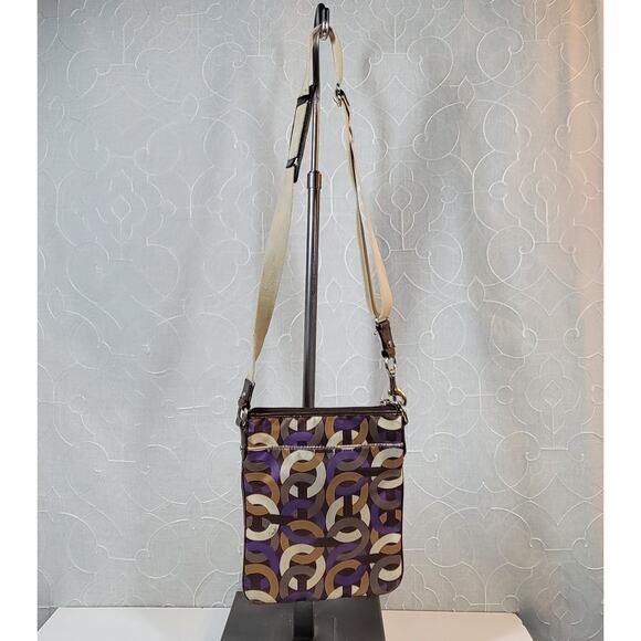 Coach Signature Cs Chain Link Op Art Bag Brown Purple Crossbody Fabric Leather - Picture 3 of 12